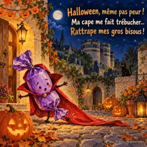 Un bonbon en papillote violet marche sur sa trop longue cape de vampire dans un décor d’Halloween, avec le texte « Halloween, même pas peur ! Ma cape me fait trébucher… Rattrape mes gros bisous ! ».