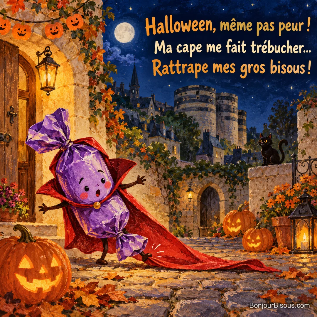 Un bonbon en papillote violet marche sur sa trop longue cape de vampire dans un décor d’Halloween, avec le texte « Halloween, même pas peur ! Ma cape me fait trébucher… Rattrape mes gros bisous ! ».