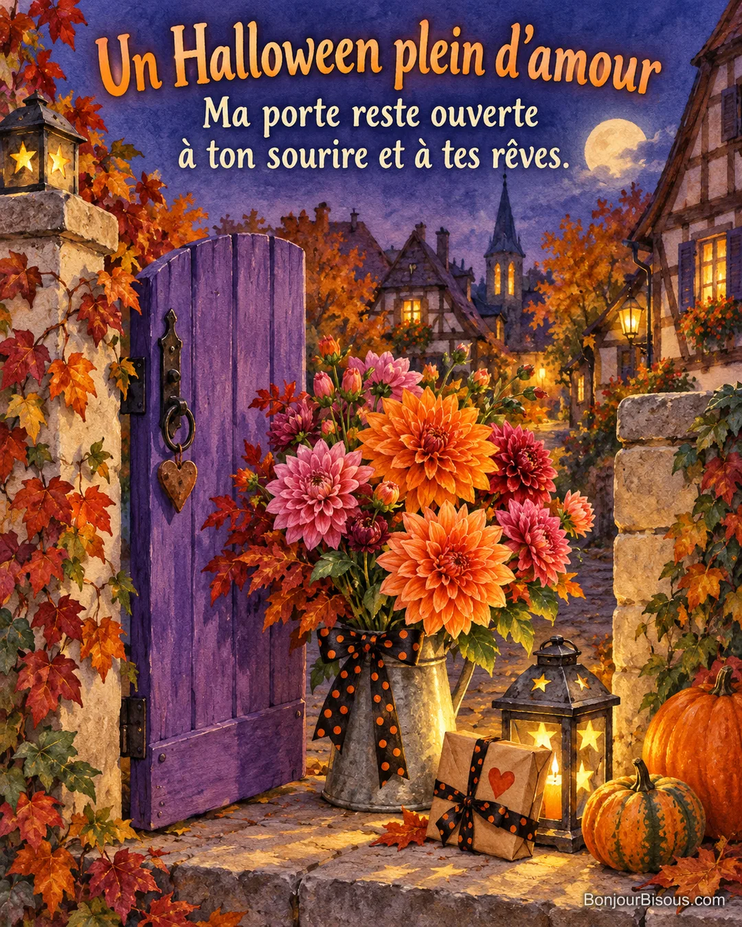 Des dahlias colorés et un lanternon étoilé illuminent une petite porte de jardin pour Halloween, avec le texte « Un Halloween plein d’amour Ma porte reste ouverte à ton sourire et à tes rêves. ».