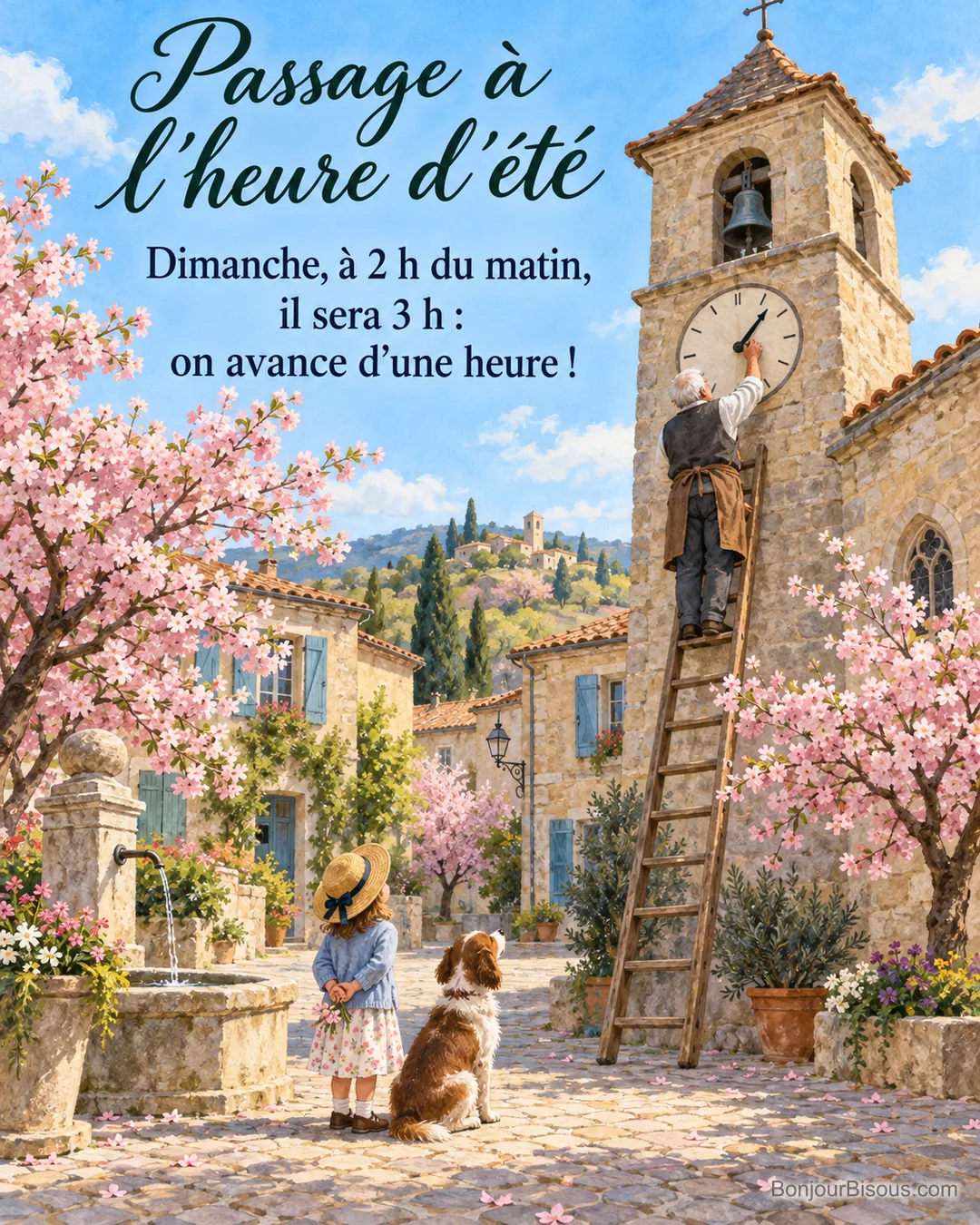 Peinture d’un horloger en tablier sur une échelle qui avance les aiguilles de l’horloge d’un clocher de village provençal, une fillette et un chien le regardent, avec le texte « Passage à l’heure d’été – Dimanche, à 2 h du matin, il sera 3 h : on avance d’une heure ! » Peinture d’un horloger en tablier sur une échelle qui avance les aiguilles de l’horloge d’un clocher de village provençal, une fillette et un chien le regardent, avec le texte « Passage à l’heure d’été – Dimanche, à 2 h du matin, il sera 3 h : on avance d’une heure ! »