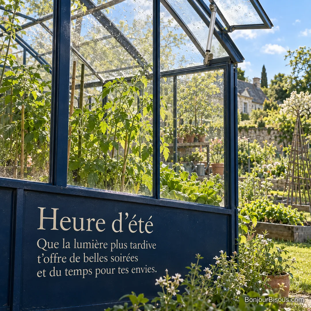 Une lucarne automatique s’ouvre dans une serre verdoyante à la lumière du printemps, avec le texte « Heure d’été Que la lumière plus tardive t’offre de belles soirées et du temps pour tes envies. ». Une lucarne automatique s’ouvre dans une serre verdoyante à la lumière du printemps, avec le texte « Heure d’été Que la lumière plus tardive t’offre de belles soirées et du temps pour tes envies. ».