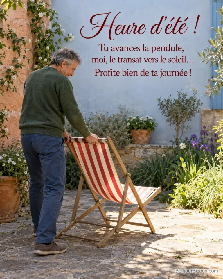 Un homme déplace un transat rayé vers un rayon de soleil dans une cour provençale, avec le texte « Heure d’été ! Tu avances la pendule, moi, le transat vers le soleil… Profite bien de ta journée ! ».