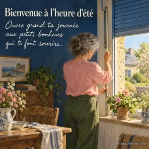 Une femme relève un volet roulant bleu et laisse entrer le soleil dans sa maison bretonne, avec le texte « Bienvenue à l’heure d’été Ouvre grand ta journée aux petits bonheurs qui te font sourire. ».