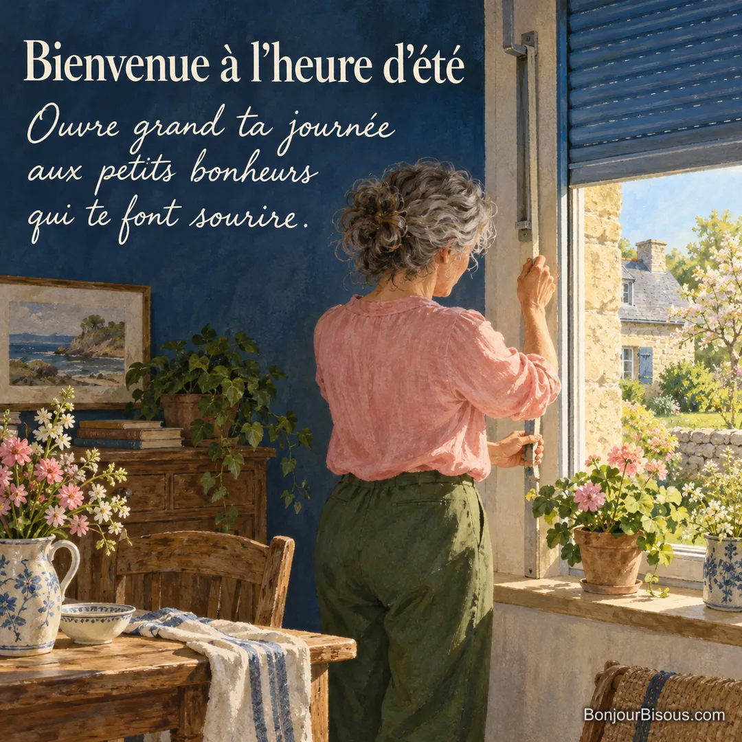 Une femme relève un volet roulant bleu et laisse entrer le soleil dans sa maison bretonne, avec le texte « Bienvenue à l’heure d’été Ouvre grand ta journée aux petits bonheurs qui te font sourire. ». Une femme relève un volet roulant bleu et laisse entrer le soleil dans sa maison bretonne, avec le texte « Bienvenue à l’heure d’été Ouvre grand ta journée aux petits bonheurs qui te font sourire. ».