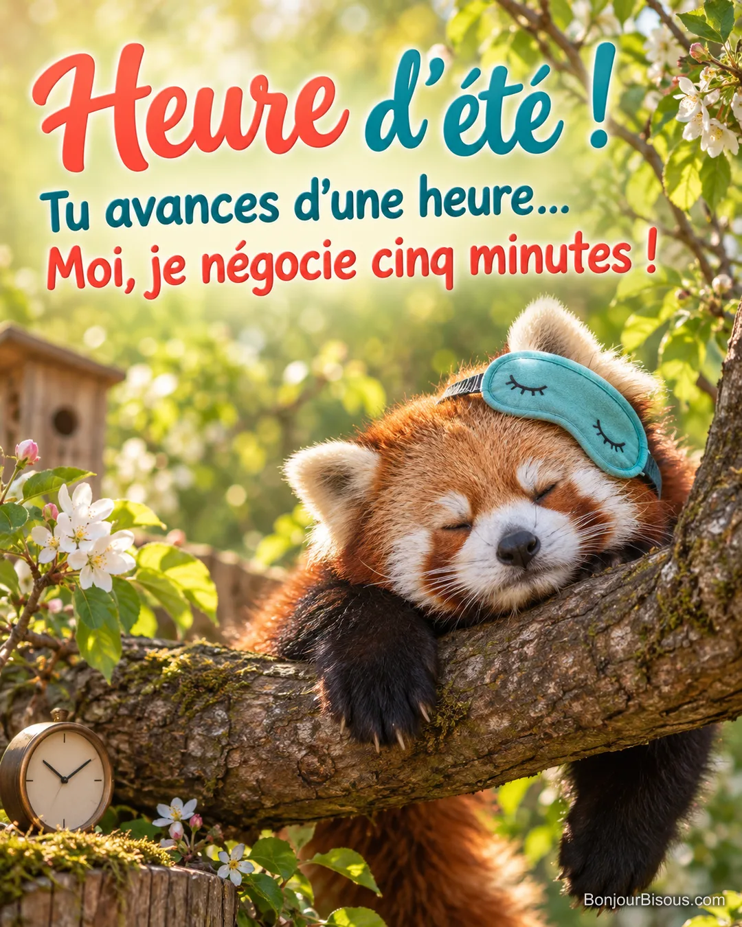 Un panda roux somnole sur une branche avec un masque de nuit turquoise de travers sur le front, avec le texte « Heure d’été ! Tu avances d’une heure… Moi, je négocie cinq minutes ! ». Un panda roux somnole sur une branche avec un masque de nuit turquoise de travers sur le front, avec le texte « Heure d’été ! Tu avances d’une heure… Moi, je négocie cinq minutes ! ».