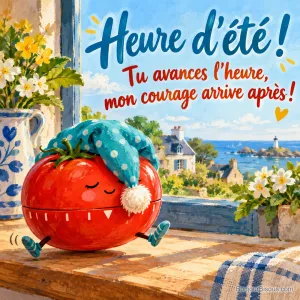 Un minuteur tomate coiffé d’un long bonnet de nuit tente de courir les yeux cachés par son pompon, avec le texte « Heure d’été ! Tu avances l’heure, mon courage arrive après ! ».