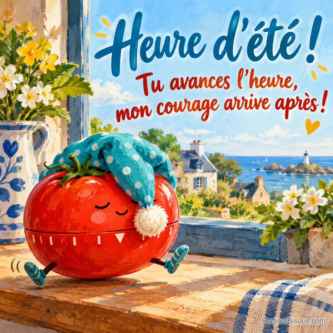 Un minuteur tomate coiffé d’un long bonnet de nuit tente de courir les yeux cachés par son pompon, avec le texte « Heure d’été ! Tu avances l’heure, mon courage arrive après ! ». Un minuteur tomate coiffé d’un long bonnet de nuit tente de courir les yeux cachés par son pompon, avec le texte « Heure d’été ! Tu avances l’heure, mon courage arrive après ! ».
