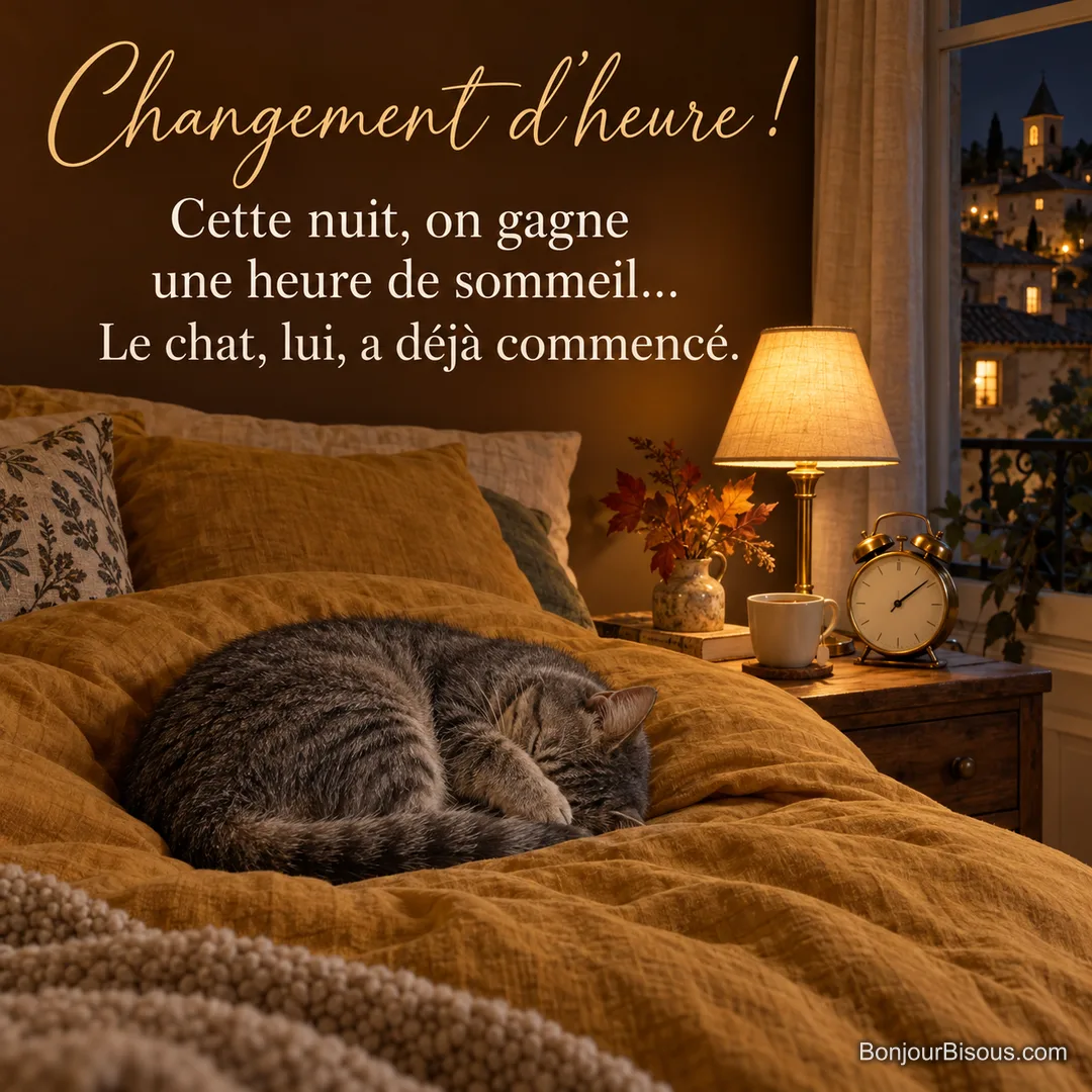 Photo d’un chat tigré gris endormi en boule sur un lit, avec un réveil ancien, une tasse de tisane et une lampe de chevet, village de nuit par la fenêtre, avec le texte « Changement d’heure ! Cette nuit, on gagne une heure de sommeil… Le chat, lui, a déjà commencé. » Photo d’un chat tigré gris endormi en boule sur un lit, avec un réveil ancien, une tasse de tisane et une lampe de chevet, village de nuit par la fenêtre, avec le texte « Changement d’heure ! Cette nuit, on gagne une heure de sommeil… Le chat, lui, a déjà commencé. »