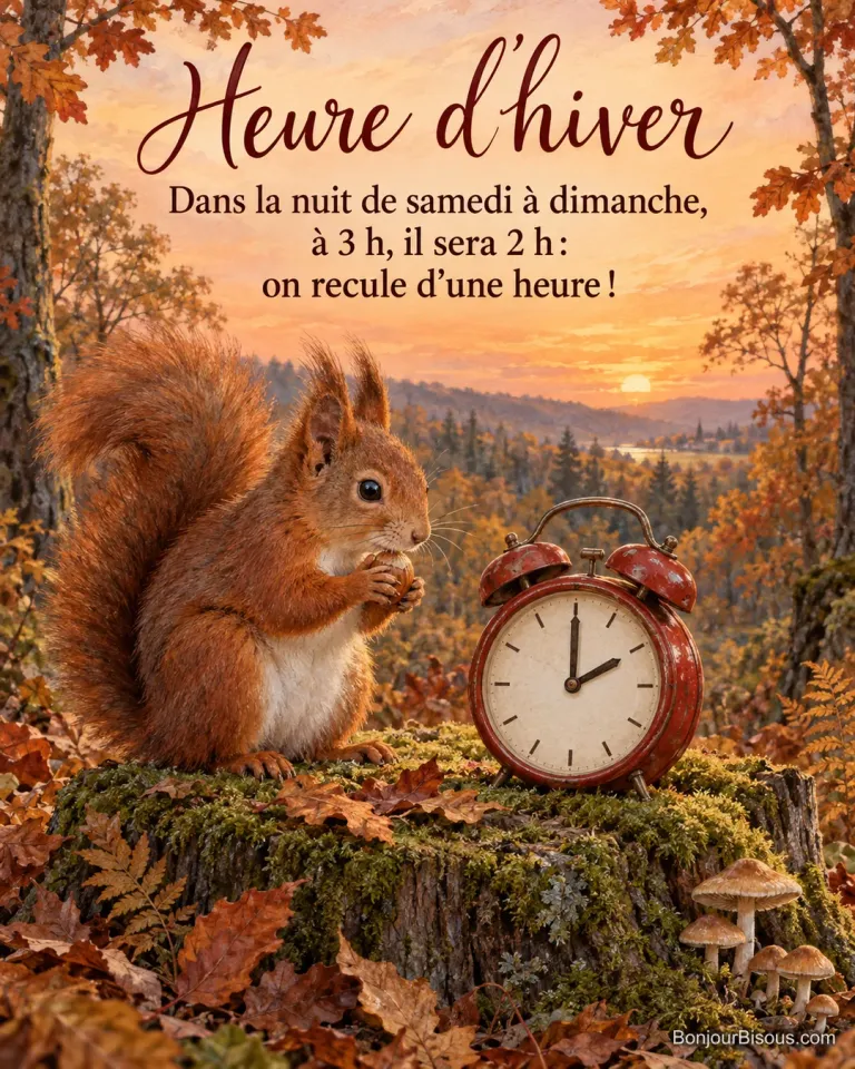 Peinture d’un écureuil roux sur une souche moussue à côté d’un réveil rouge, feuilles d’automne et coucher de soleil, avec le texte « Heure d’hiver – Dans la nuit de samedi à dimanche, à 3 h, il sera 2 h : on recule d’une heure ! »