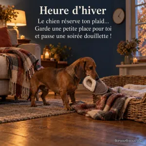 Un teckel tient une pantoufle près de son panier et du plaid qu’il a traîné, avec le texte « Heure d’hiver Le chien réserve ton plaid… Garde une petite place pour toi et passe une soirée douillette ! ».