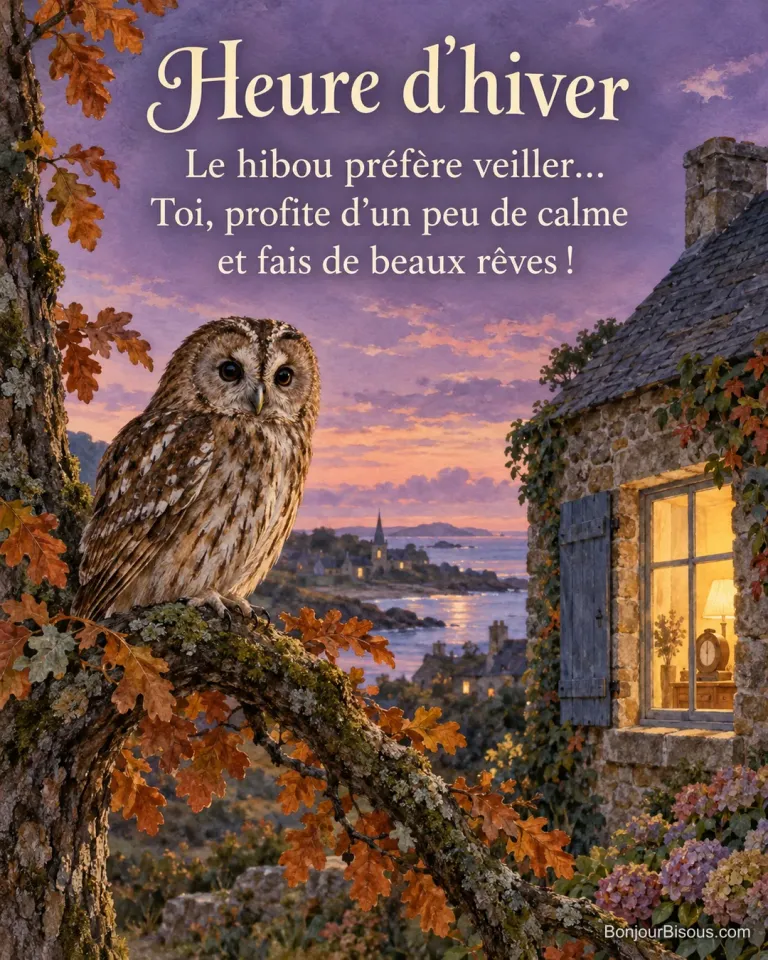 Un hibou veille dans un chêne au crépuscule, près de la fenêtre éclairée d’une maison, avec le texte « Heure d’hiver Le hibou préfère veiller… Toi, profite d’un peu de calme et fais de beaux rêves ! ».