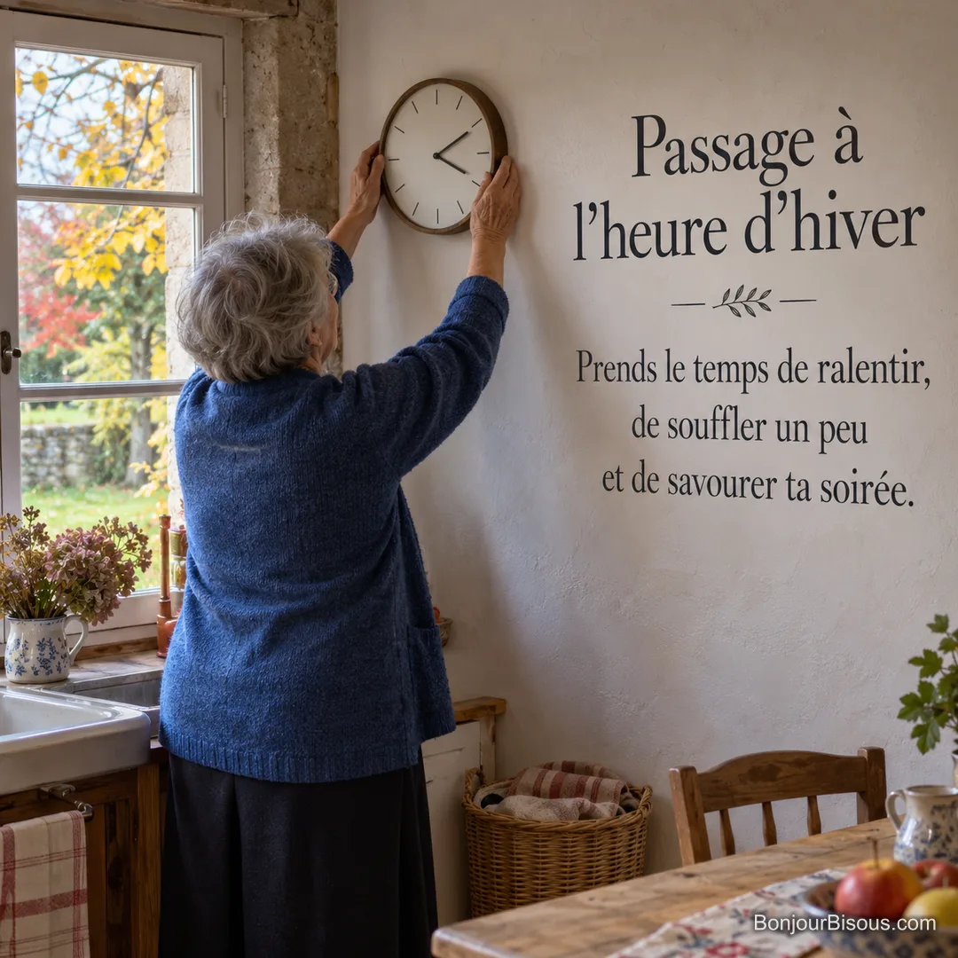 Une femme aux cheveux gris ajuste l’horloge de sa cuisine donnant sur un jardin d’automne, avec le texte « Passage à l’heure d’hiver Prends le temps de ralentir, de souffler un peu et de savourer ta soirée. ». Une femme aux cheveux gris ajuste l’horloge de sa cuisine donnant sur un jardin d’automne, avec le texte « Passage à l’heure d’hiver Prends le temps de ralentir, de souffler un peu et de savourer ta soirée. ».