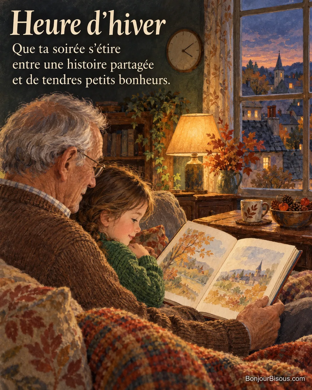 Un grand-père et sa petite-fille regardent un livre illustré sur le canapé d’une maison de village, avec le texte « Heure d’hiver Que ta soirée s’étire entre une histoire partagée et de tendres petits bonheurs. ». Un grand-père et sa petite-fille regardent un livre illustré sur le canapé d’une maison de village, avec le texte « Heure d’hiver Que ta soirée s’étire entre une histoire partagée et de tendres petits bonheurs. ».