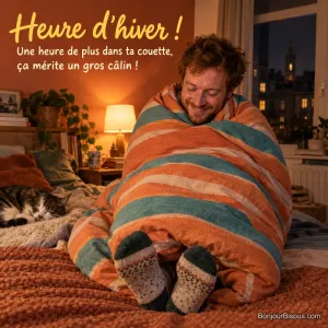 Un homme rit doucement, roulé comme un burrito dans une couette rayée orange et turquoise, avec le texte « Heure d’hiver ! Une heure de plus dans ta couette, ça mérite un gros câlin ! ».
