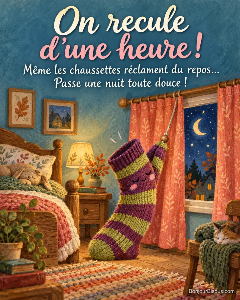 Une marionnette chaussette ensommeillée tire le cordon de ses petits rideaux corail, avec le texte « On recule d’une heure ! Même les chaussettes réclament du repos… Passe une nuit toute douce ! ».