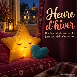 Une étoile lumineuse en tissu veille sur un petit cœur turquoise à une fenêtre nocturne, avec le texte « Heure d’hiver Une heure de douceur en plus, juste pour réchauffer ton cœur. ».