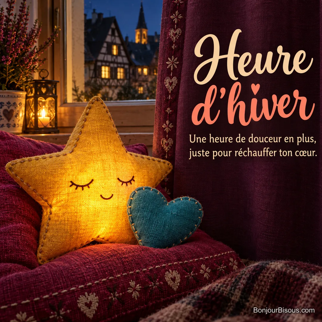 Une étoile lumineuse en tissu veille sur un petit cœur turquoise à une fenêtre nocturne, avec le texte « Heure d’hiver Une heure de douceur en plus, juste pour réchauffer ton cœur. ». Une étoile lumineuse en tissu veille sur un petit cœur turquoise à une fenêtre nocturne, avec le texte « Heure d’hiver Une heure de douceur en plus, juste pour réchauffer ton cœur. ».
