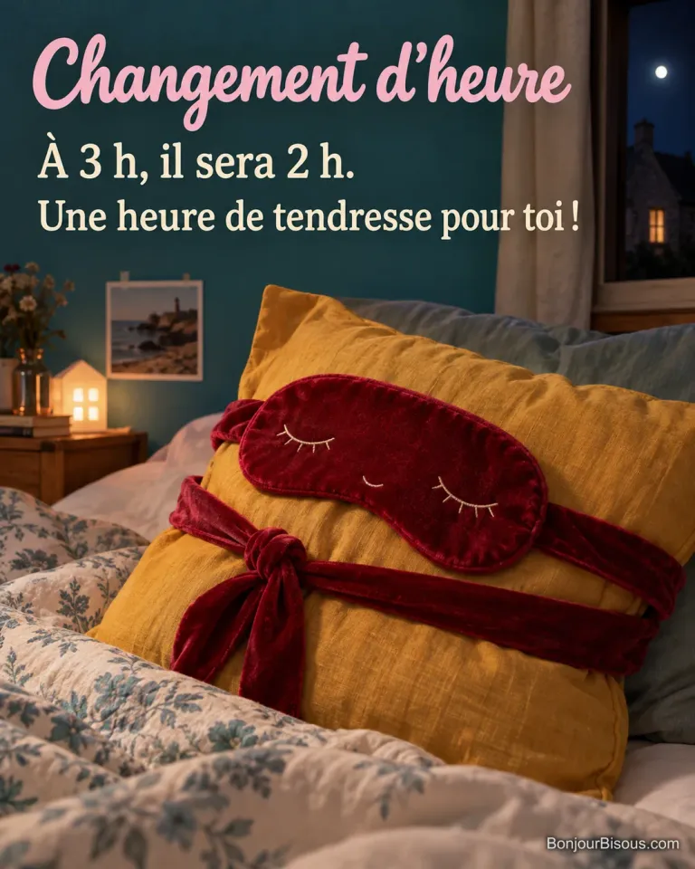 Un masque de nuit en velours cerise enlace un coussin jaune avec ses liens en tissu, avec le texte « Changement d’heure À 3 h, il sera 2 h. Une heure de tendresse pour toi ! ».