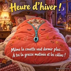 La fermeture éclair d’une couette corail bâille et réclame une grasse matinée, avec le texte « Heure d’hiver ! Même la couette veut dormir plus… À toi la grasse matinée et les câlins ! ».