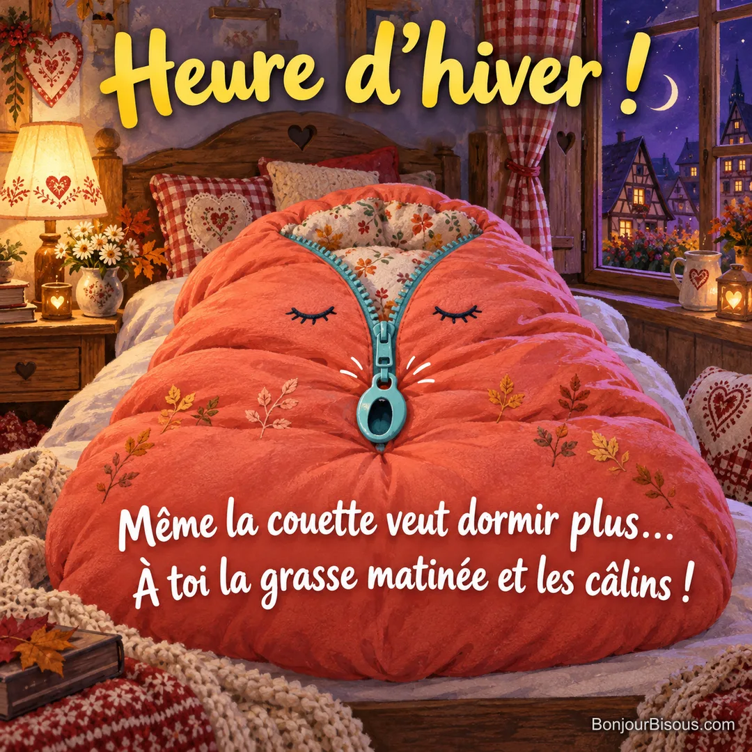 La fermeture éclair d’une couette corail bâille et réclame une grasse matinée, avec le texte « Heure d’hiver ! Même la couette veut dormir plus… À toi la grasse matinée et les câlins ! ». La fermeture éclair d’une couette corail bâille et réclame une grasse matinée, avec le texte « Heure d’hiver ! Même la couette veut dormir plus… À toi la grasse matinée et les câlins ! ».