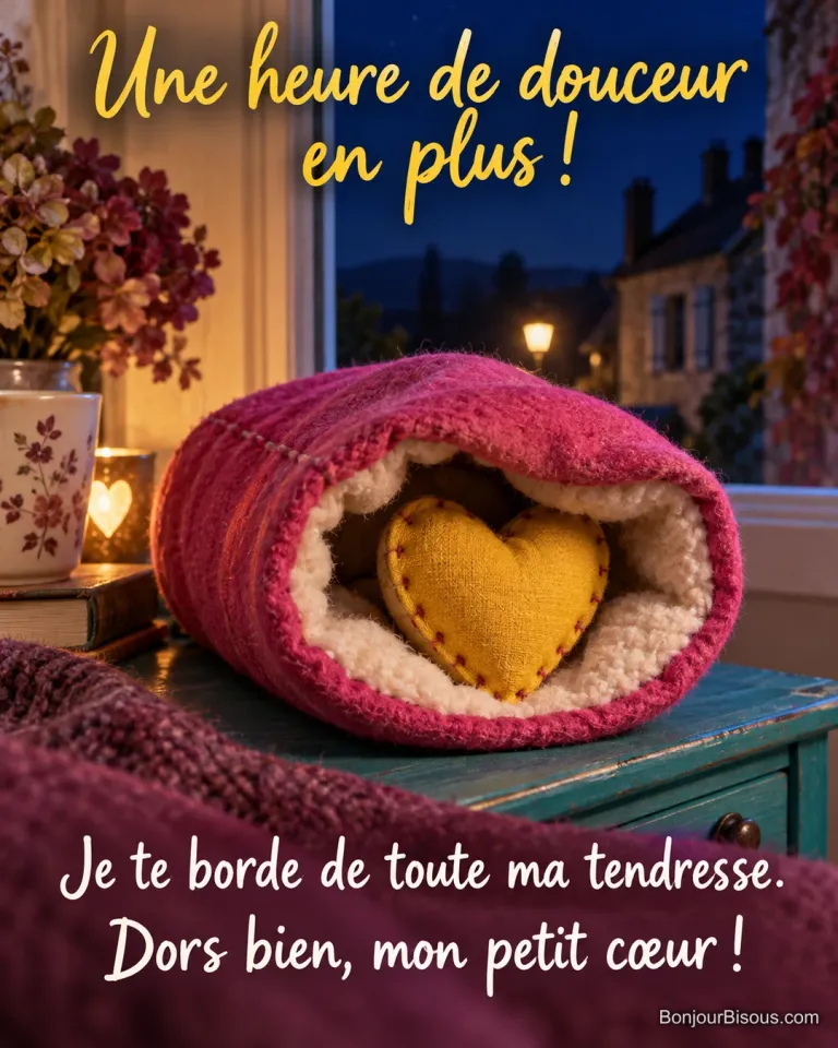 Un manchon en flanelle framboise borde un petit cœur de tissu jaune comme un berceau, avec le texte « Une heure de douceur en plus ! Je te borde de toute ma tendresse. Dors bien, mon petit cœur ! ».