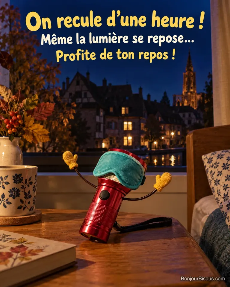 Une lampe de poche s’étire sous son masque de sommeil sur un chevet, un soir d’automne, avec le texte « On recule d’une heure ! Même la lumière se repose… Profite de ton repos ! ».
