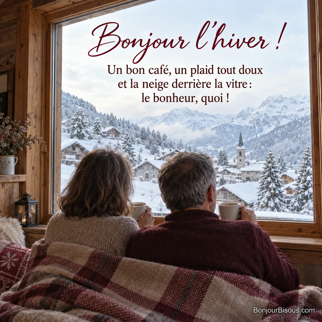 Photo d’un couple vu de dos sous un plaid à carreaux, tasses de café à la main, devant la fenêtre d’un chalet avec vue sur un village de montagne sous la neige, avec le texte « Bonjour l’hiver ! Un bon café, un plaid tout doux et la neige derrière la vitre : le bonheur, quoi ! » Photo d’un couple vu de dos sous un plaid à carreaux, tasses de café à la main, devant la fenêtre d’un chalet avec vue sur un village de montagne sous la neige, avec le texte « Bonjour l’hiver ! Un bon café, un plaid tout doux et la neige derrière la vitre : le bonheur, quoi ! »