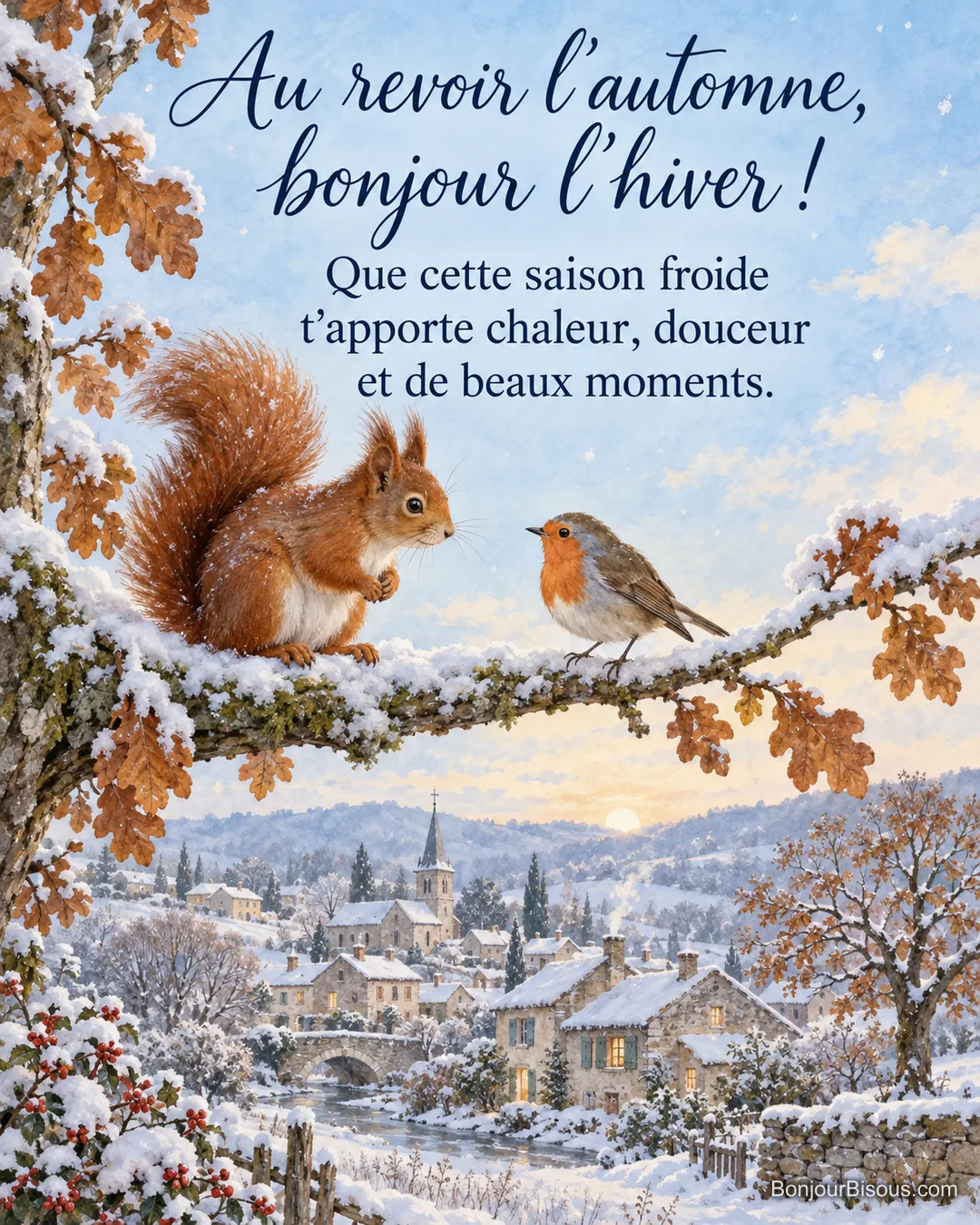 Peinture d’un écureuil roux et d’un rouge-gorge face à face sur une branche de chêne enneigée, village et clocher sous la neige en contrebas, avec le texte « Au revoir l’automne, bonjour l’hiver ! Que cette saison froide t’apporte chaleur, douceur et de beaux moments. » Peinture d’un écureuil roux et d’un rouge-gorge face à face sur une branche de chêne enneigée, village et clocher sous la neige en contrebas, avec le texte « Au revoir l’automne, bonjour l’hiver ! Que cette saison froide t’apporte chaleur, douceur et de beaux moments. »