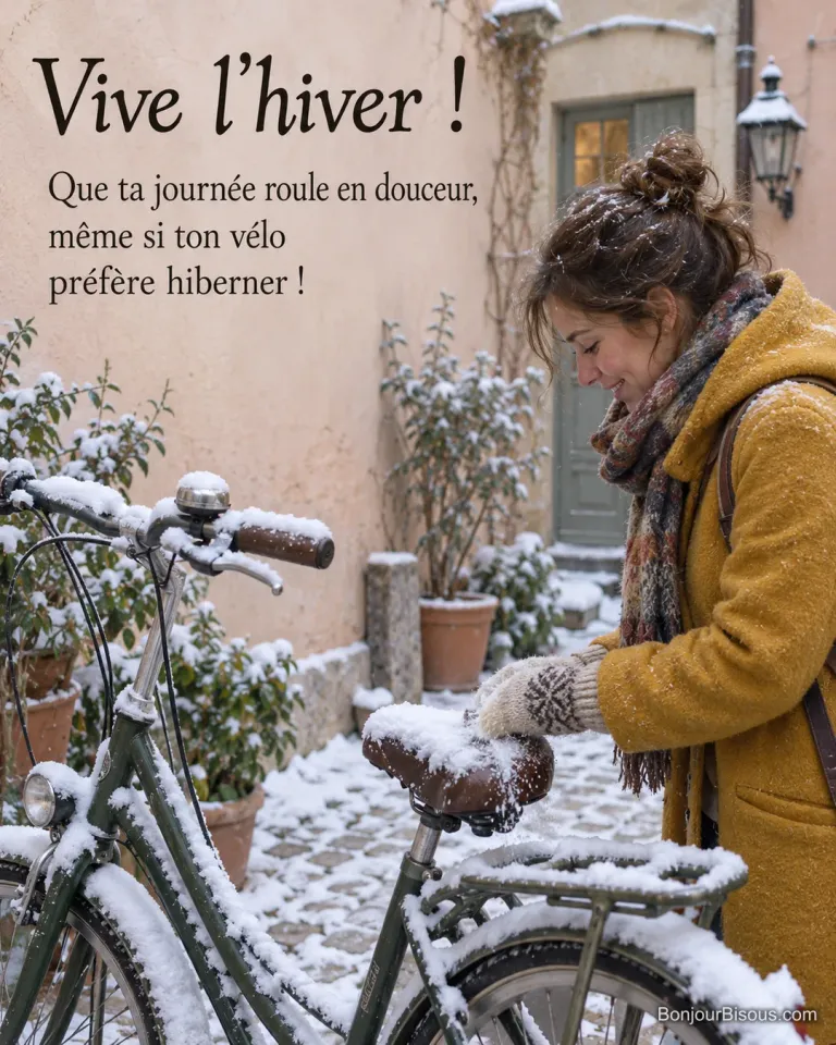 Une femme dégage la selle enneigée de son vélo dans une cour de Lyon, avec le texte « Vive l’hiver ! Que ta journée roule en douceur, même si ton vélo préfère hiberner ! ».
