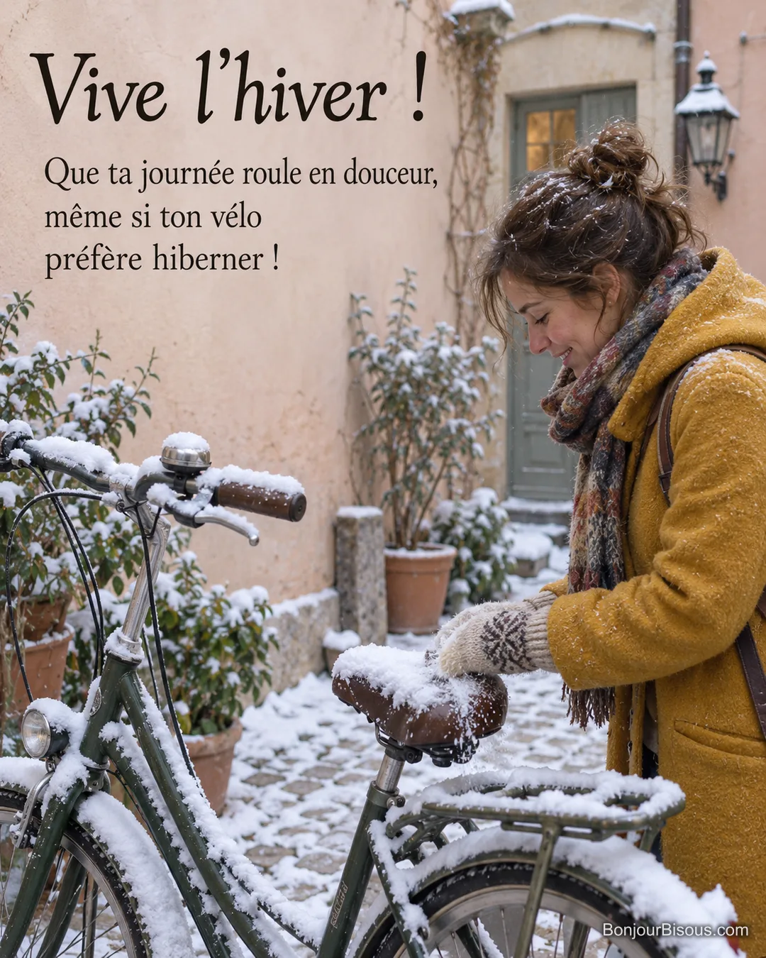 Une femme dégage la selle enneigée de son vélo dans une cour de Lyon, avec le texte « Vive l’hiver ! Que ta journée roule en douceur, même si ton vélo préfère hiberner ! ». Une femme dégage la selle enneigée de son vélo dans une cour de Lyon, avec le texte « Vive l’hiver ! Que ta journée roule en douceur, même si ton vélo préfère hiberner ! ».