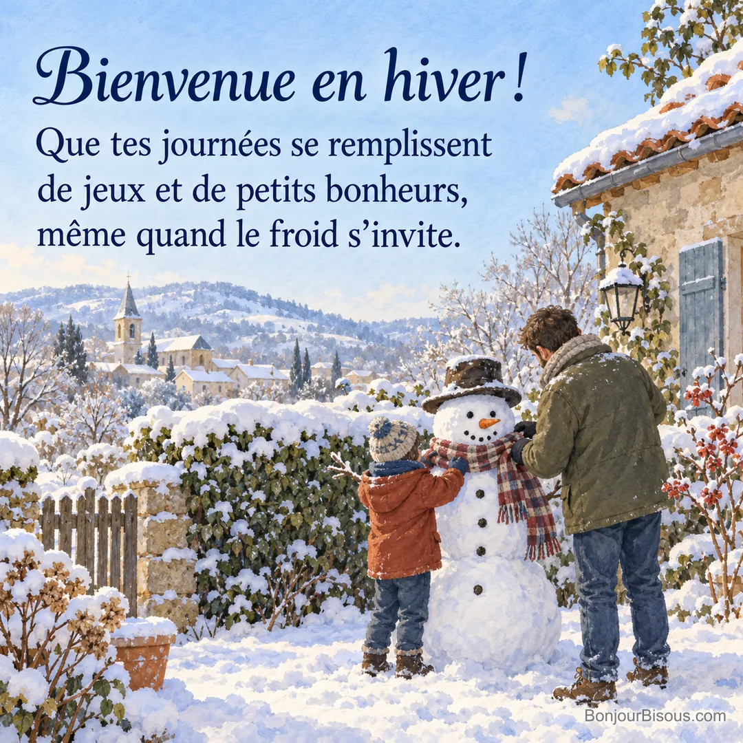 Un père et son enfant posent une écharpe sur un bonhomme de neige dans un jardin de village, avec le texte « Bienvenue en hiver ! Que tes journées se remplissent de jeux et de petits bonheurs, même quand le froid s’invite. ». Un père et son enfant posent une écharpe sur un bonhomme de neige dans un jardin de village, avec le texte « Bienvenue en hiver ! Que tes journées se remplissent de jeux et de petits bonheurs, même quand le froid s’invite. ».