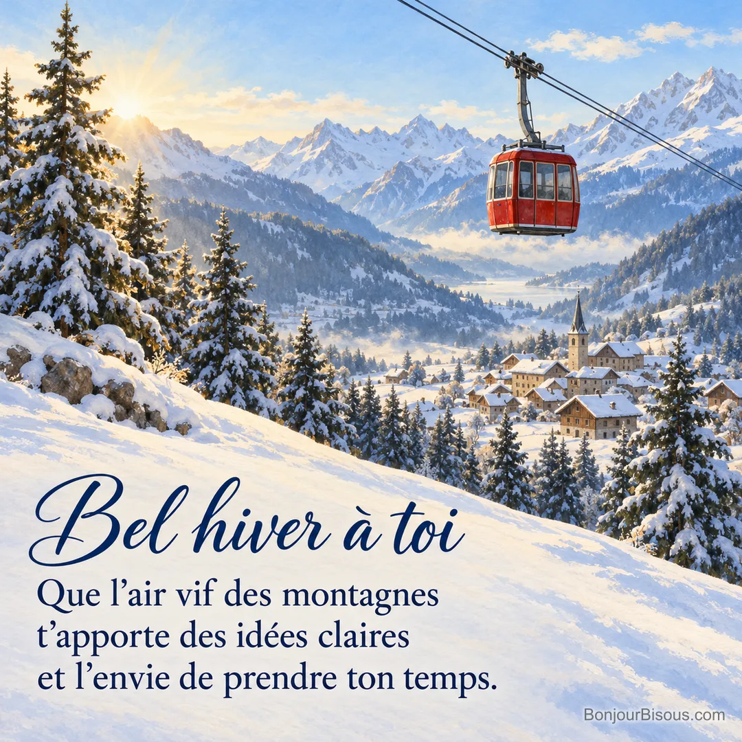 Une cabine rouge traverse un paysage des Alpes enneigées au soleil d’hiver, avec le texte « Bel hiver à toi Que l’air vif des montagnes t’apporte des idées claires et l’envie de prendre ton temps. ». Une cabine rouge traverse un paysage des Alpes enneigées au soleil d’hiver, avec le texte « Bel hiver à toi Que l’air vif des montagnes t’apporte des idées claires et l’envie de prendre ton temps. ».