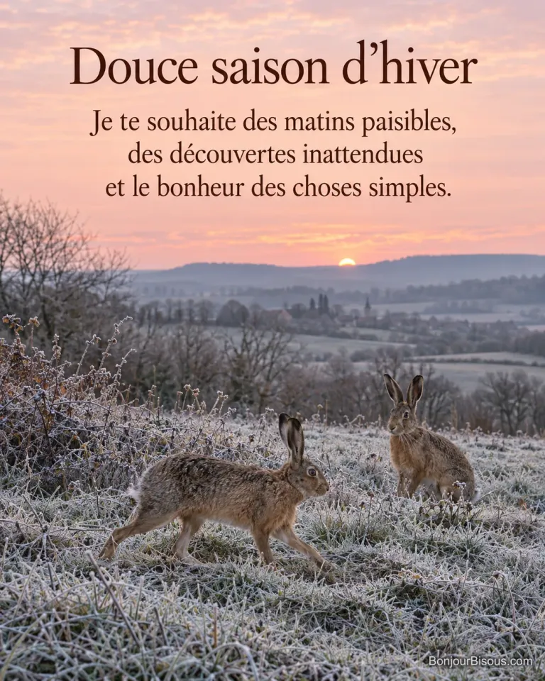 Deux lièvres se croisent au bord d’un champ givré en Bourgogne, avec le texte « Douce saison d’hiver Je te souhaite des matins paisibles, des découvertes inattendues et le bonheur des choses simples. ».