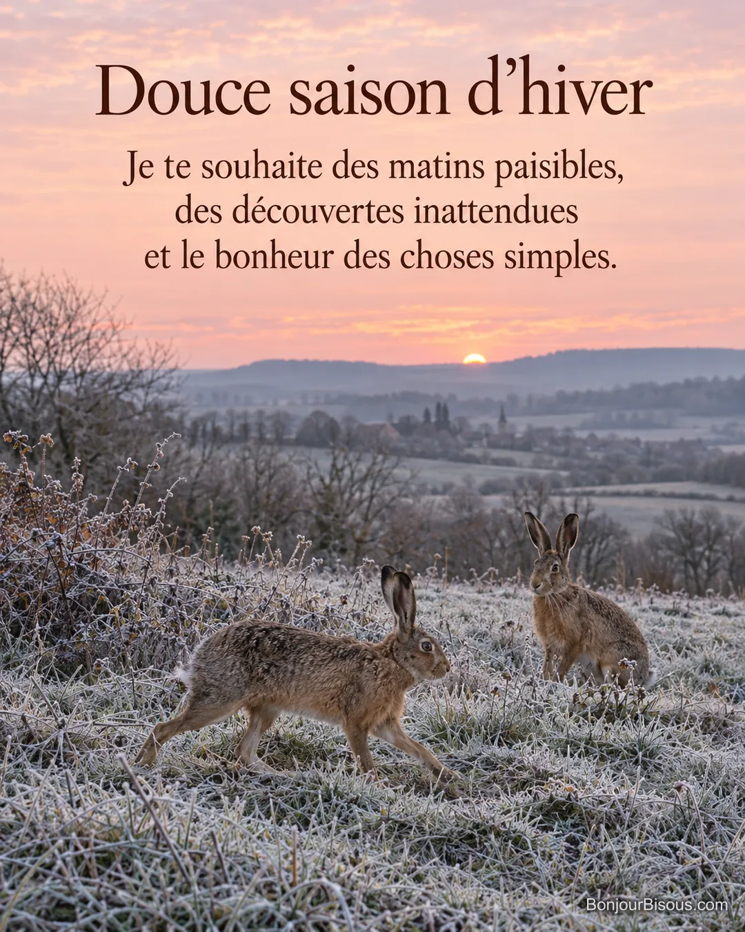 Deux lièvres se croisent au bord d’un champ givré en Bourgogne, avec le texte « Douce saison d’hiver Je te souhaite des matins paisibles, des découvertes inattendues et le bonheur des choses simples. ». Deux lièvres se croisent au bord d’un champ givré en Bourgogne, avec le texte « Douce saison d’hiver Je te souhaite des matins paisibles, des découvertes inattendues et le bonheur des choses simples. ».