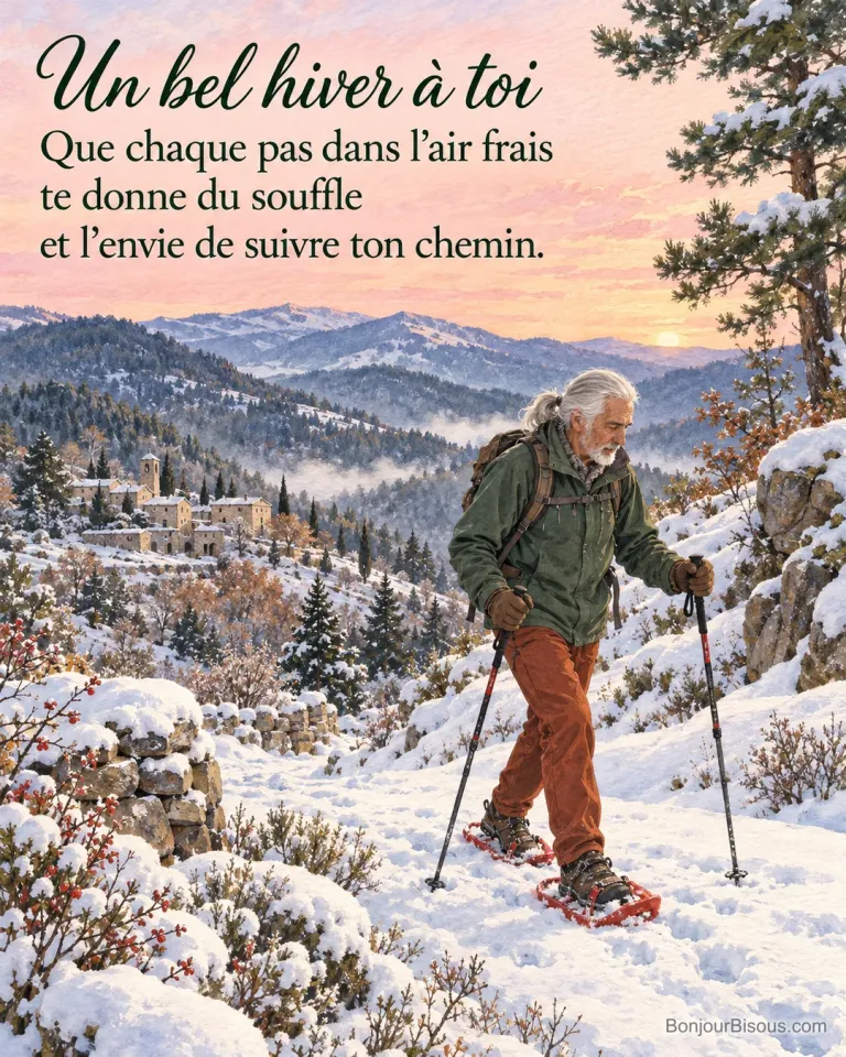 Un randonneur en veste verte avance en raquettes dans la neige des Cévennes au matin, avec le texte « Un bel hiver à toi Que chaque pas dans l’air frais te donne du souffle et l’envie de suivre ton chemin. ».