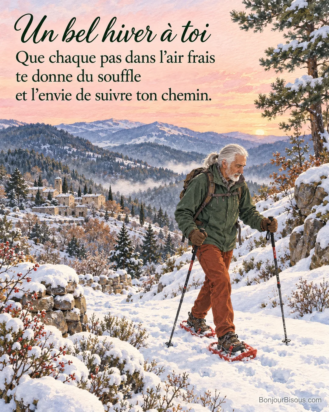 Un randonneur en veste verte avance en raquettes dans la neige des Cévennes au matin, avec le texte « Un bel hiver à toi Que chaque pas dans l’air frais te donne du souffle et l’envie de suivre ton chemin. ». Un randonneur en veste verte avance en raquettes dans la neige des Cévennes au matin, avec le texte « Un bel hiver à toi Que chaque pas dans l’air frais te donne du souffle et l’envie de suivre ton chemin. ».