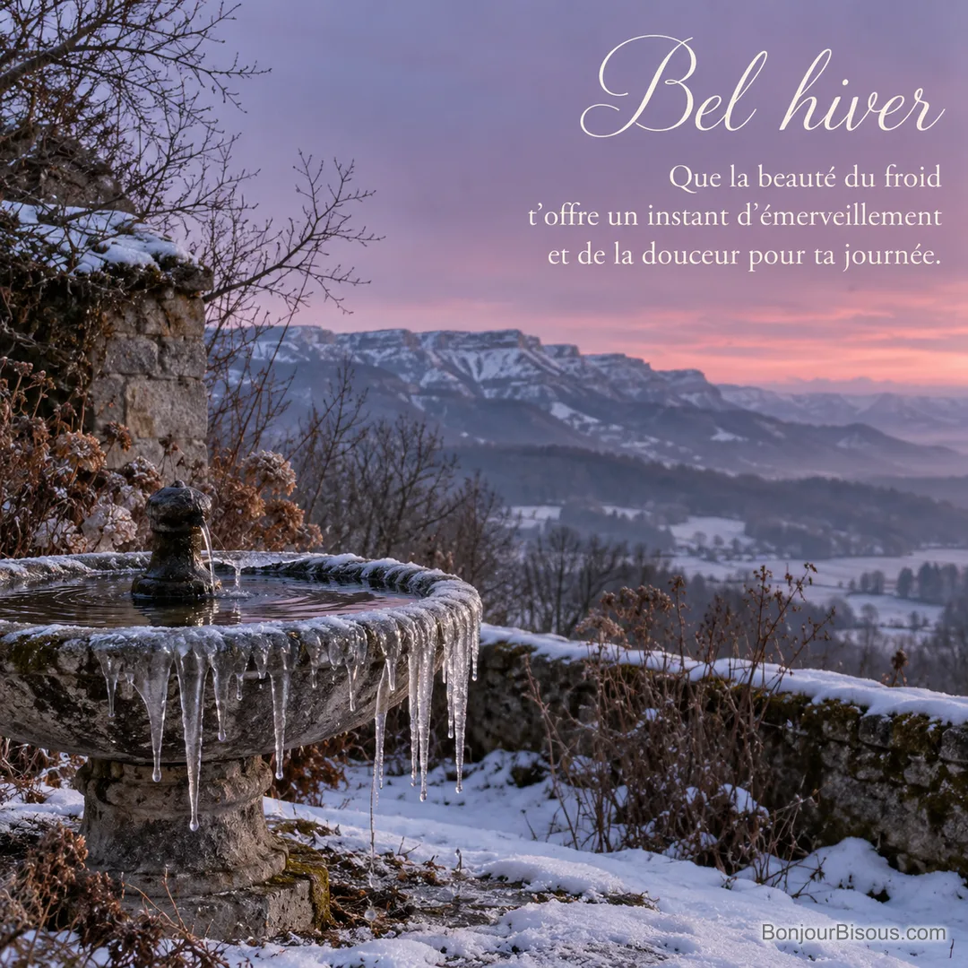 Des stalactites transparentes habillent une fontaine de pierre du Jura sous la lumière rose d’hiver, avec le texte « Bel hiver Que la beauté du froid t’offre un instant d’émerveillement et de la douceur pour ta journée. ». Des stalactites transparentes habillent une fontaine de pierre du Jura sous la lumière rose d’hiver, avec le texte « Bel hiver Que la beauté du froid t’offre un instant d’émerveillement et de la douceur pour ta journée. ».