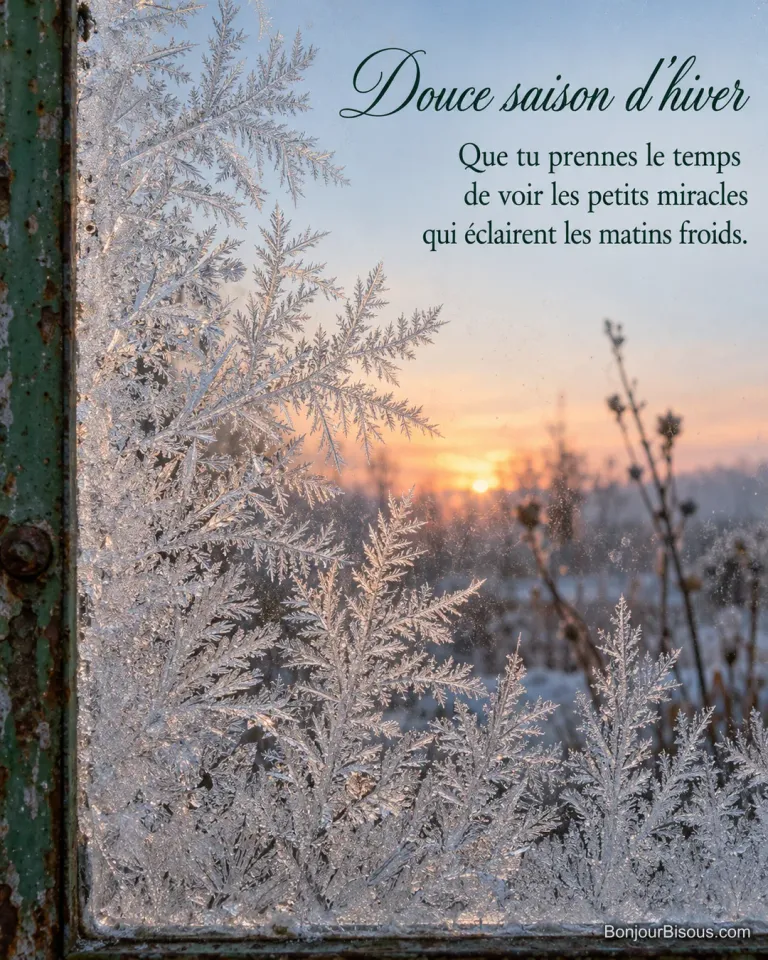 De fins cristaux de givre en forme de fougères couvrent une verrière au lever du jour, avec le texte « Douce saison d’hiver Que tu prennes le temps de voir les petits miracles qui éclairent les matins froids. ».