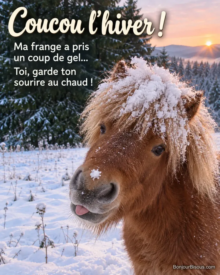 Un poney au toupet enneigé touche un flocon posé sur son museau, avec le texte « Coucou l’hiver ! Ma frange a pris un coup de gel… Toi, garde ton sourire au chaud ! ».