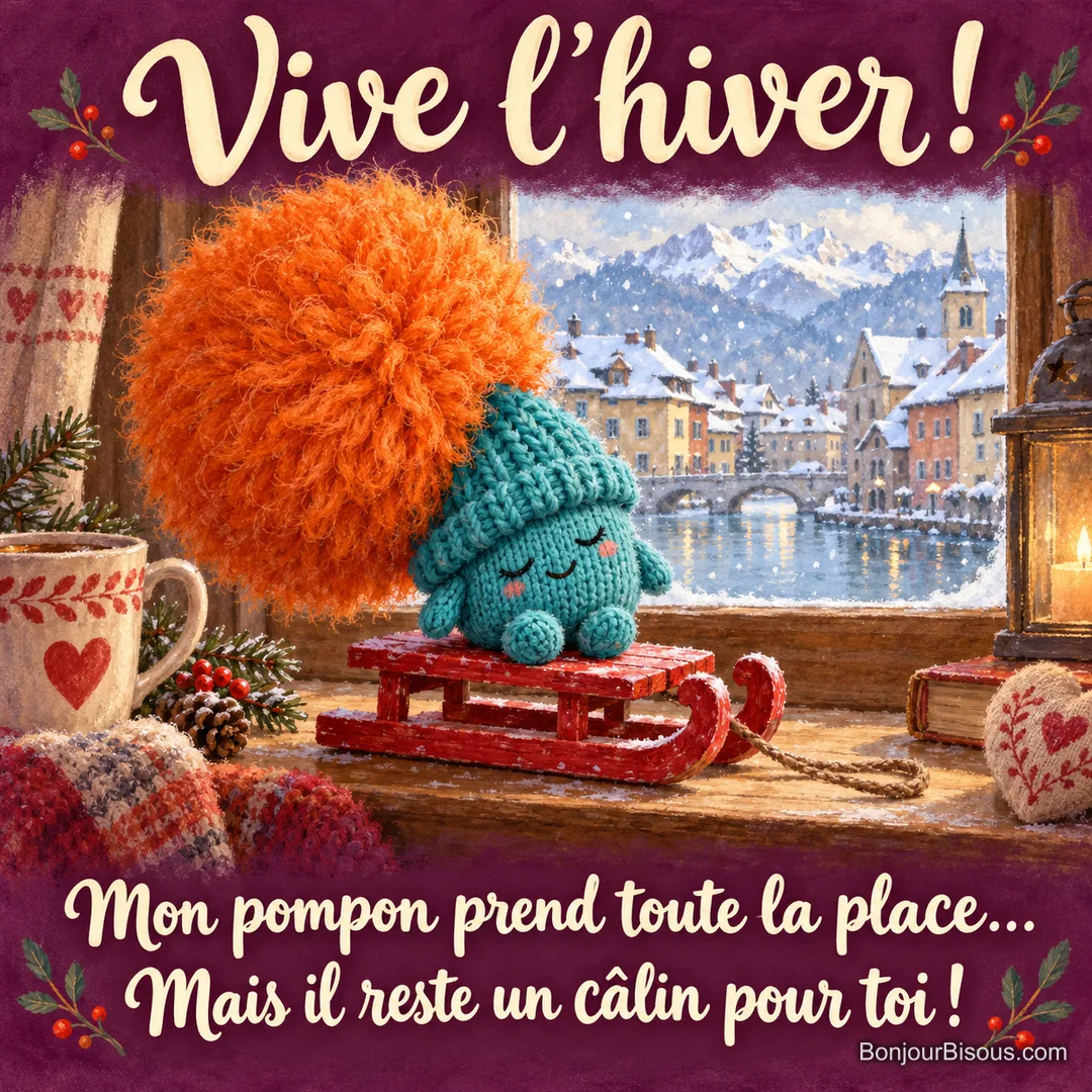 Un bonnet turquoise penche sous le poids de son énorme pompon orange, avec le texte « Vive l’hiver ! Mon pompon prend toute la place… Mais il reste un câlin pour toi ! ». Un bonnet turquoise penche sous le poids de son énorme pompon orange, avec le texte « Vive l’hiver ! Mon pompon prend toute la place… Mais il reste un câlin pour toi ! ».