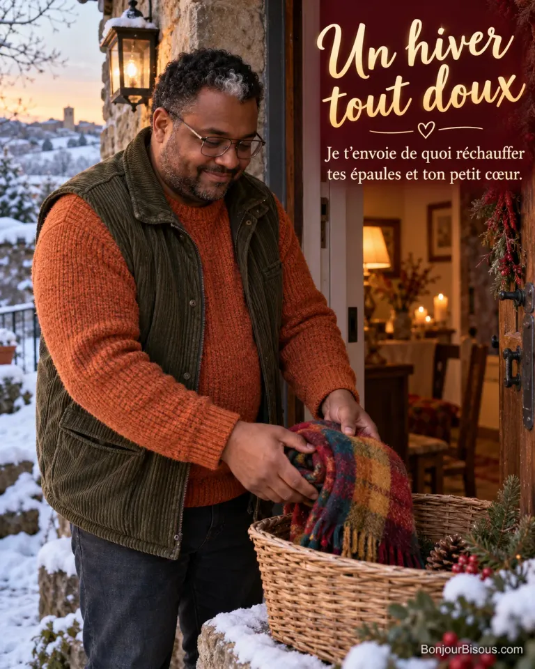 Un homme dépose une écharpe multicolore dans un panier pour un proche, avec le texte « Un hiver tout doux Je t’envoie de quoi réchauffer tes épaules et ton petit cœur. ».