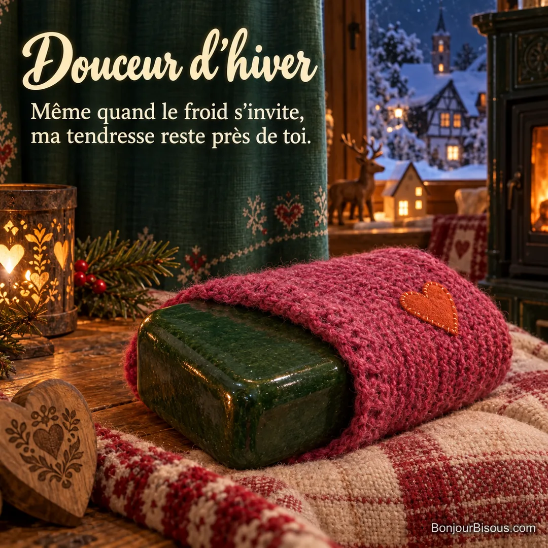 Une brique chauffe-lit verte est enveloppée d’une housse rose ornée d’un cœur, avec le texte « Douceur d’hiver Même quand le froid s’invite, ma tendresse reste près de toi. ». Une brique chauffe-lit verte est enveloppée d’une housse rose ornée d’un cœur, avec le texte « Douceur d’hiver Même quand le froid s’invite, ma tendresse reste près de toi. ».