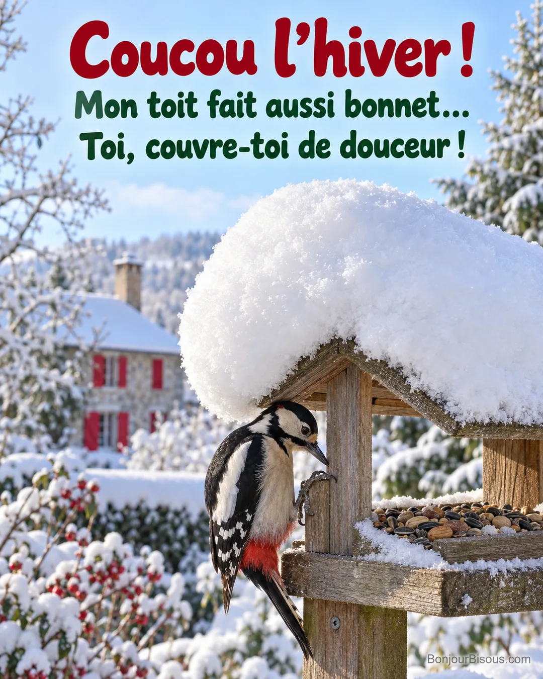 Un pic épeiche s’abrite sous le toit d’une mangeoire coiffé d’une énorme calotte de neige, avec le texte « Coucou l’hiver ! Mon toit fait aussi bonnet… Toi, couvre-toi de douceur ! ». Un pic épeiche s’abrite sous le toit d’une mangeoire coiffé d’une énorme calotte de neige, avec le texte « Coucou l’hiver ! Mon toit fait aussi bonnet… Toi, couvre-toi de douceur ! ».