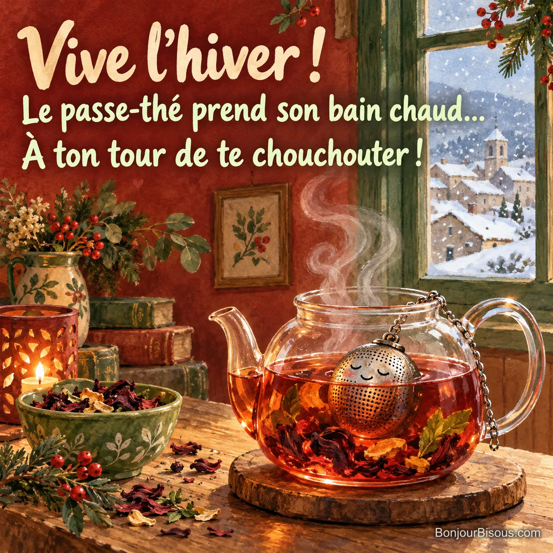 Un passe-thé souriant se prélasse dans une théière fumante devant une fenêtre enneigée, avec le texte « Vive l’hiver ! Le passe-thé prend son bain chaud… À ton tour de te chouchouter ! ». Un passe-thé souriant se prélasse dans une théière fumante devant une fenêtre enneigée, avec le texte « Vive l’hiver ! Le passe-thé prend son bain chaud… À ton tour de te chouchouter ! ».