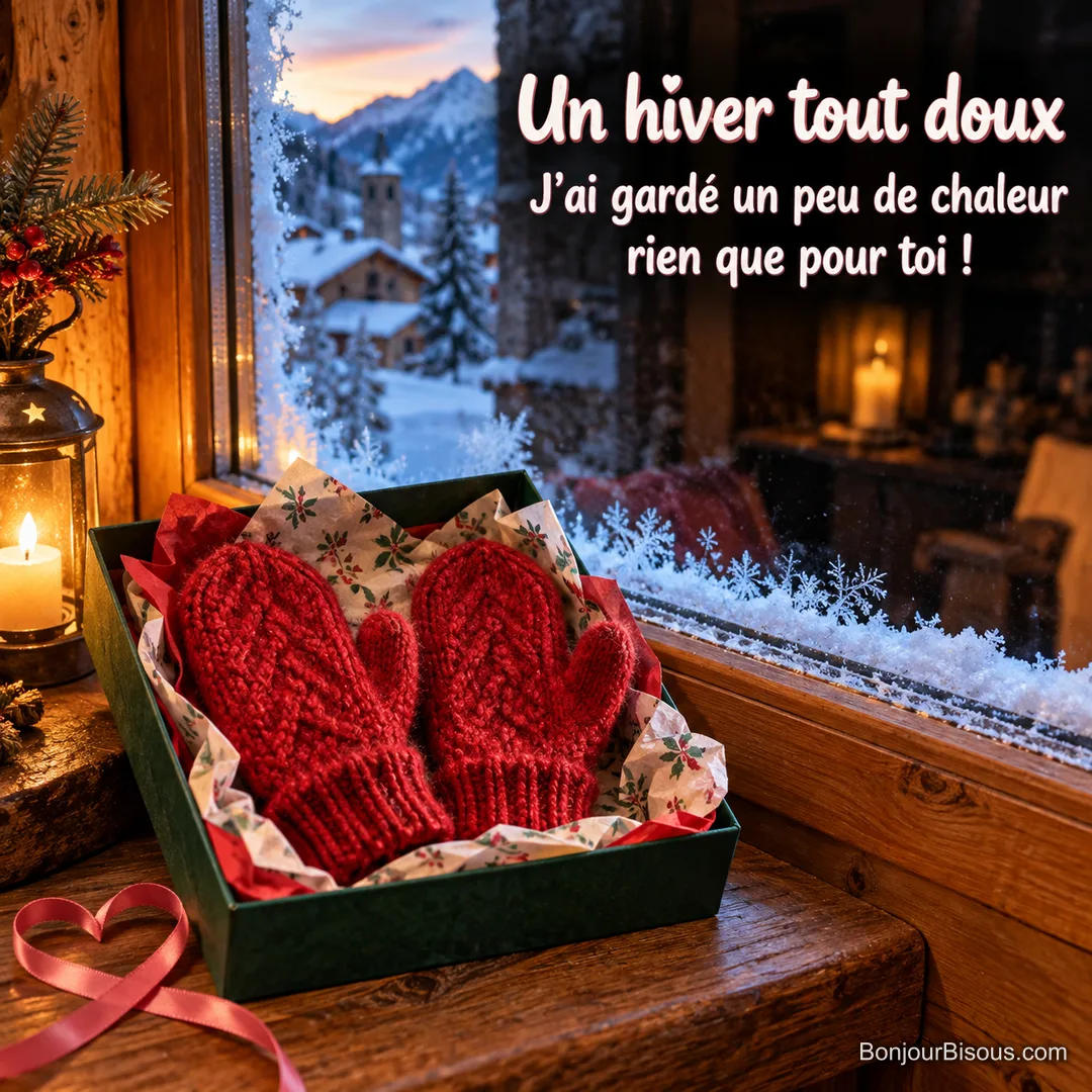 Une paire de moufles rouges attend dans une boîte cadeau près d’une fenêtre givrée, avec le texte « Un hiver tout doux J’ai gardé un peu de chaleur rien que pour toi ! ».