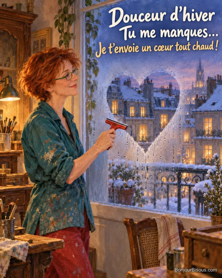 Une femme révèle un cœur sur une vitre embuée avec une petite raclette, face au balcon enneigé, avec le texte « Douceur d’hiver Tu me manques… Je t’envoie un cœur tout chaud ! ».