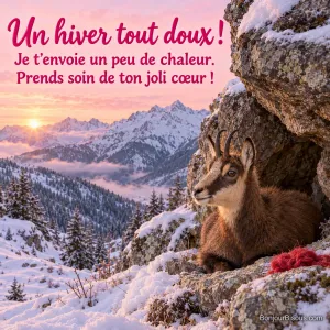 Un jeune chamois au pelage duveteux se repose à l’abri d’un rocher dans une montagne enneigée au matin, avec le message « Un hiver tout doux ! Je t’envoie un peu de chaleur. Prends soin de ton joli cœur ! ».