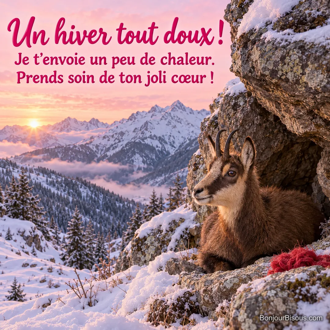 Un jeune chamois au pelage duveteux se repose à l’abri d’un rocher dans une montagne enneigée au matin, avec le message « Un hiver tout doux ! Je t’envoie un peu de chaleur. Prends soin de ton joli cœur ! ».
