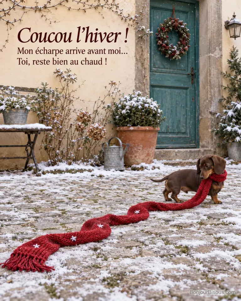 Un teckel brun traîne une écharpe beaucoup trop longue dans une cour légèrement enneigée. Le message est : « Coucou l’hiver ! Mon écharpe arrive avant moi… Toi, reste bien au chaud ! ».