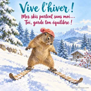 Une marmotte écarte maladroitement ses petits skis de branches dans la neige poudreuse. Le message est : « Vive l’hiver ! Mes skis partent sans moi… Toi, garde ton équilibre ! ».